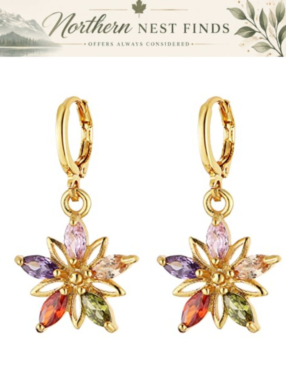 14K Gold Plated Sterling Silver Crystal Flower Drop Dangle Earrings